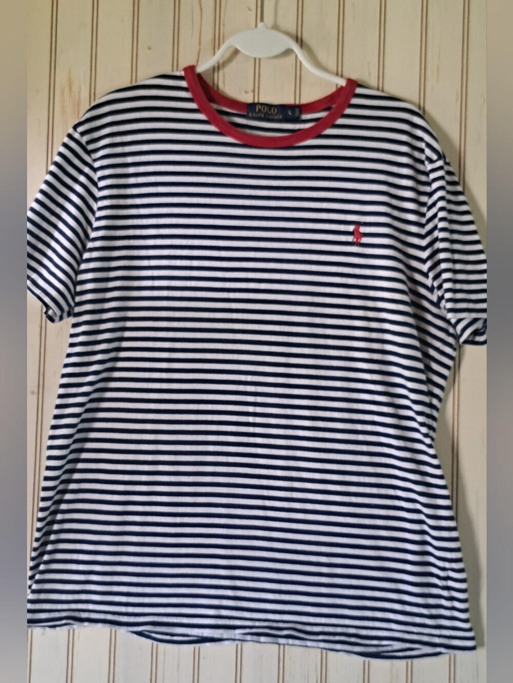 Vtg Polo Ralph Lauren Blue & White Striped Tshirt W/Red Trim & Logo Preppy LRG